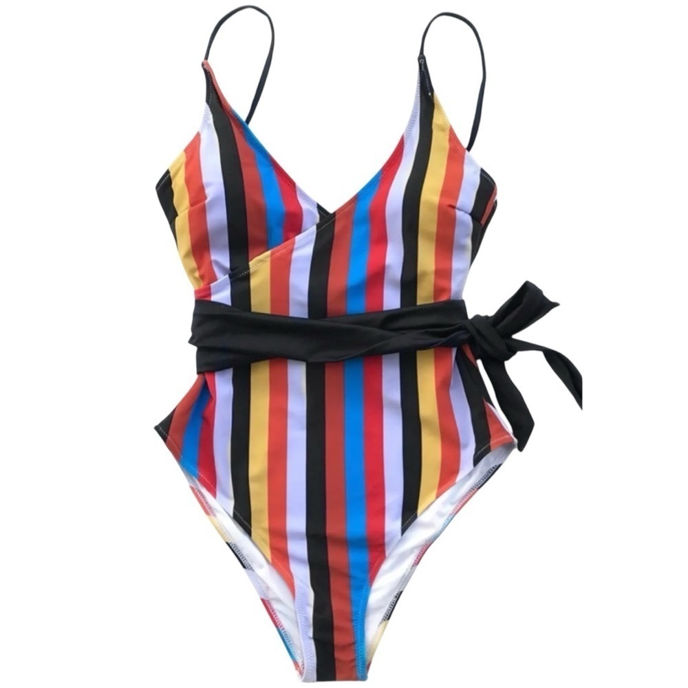 Cupshe | Multi Color Stripe Front Cross One Piece Swimsuit, Black Belt, NWT